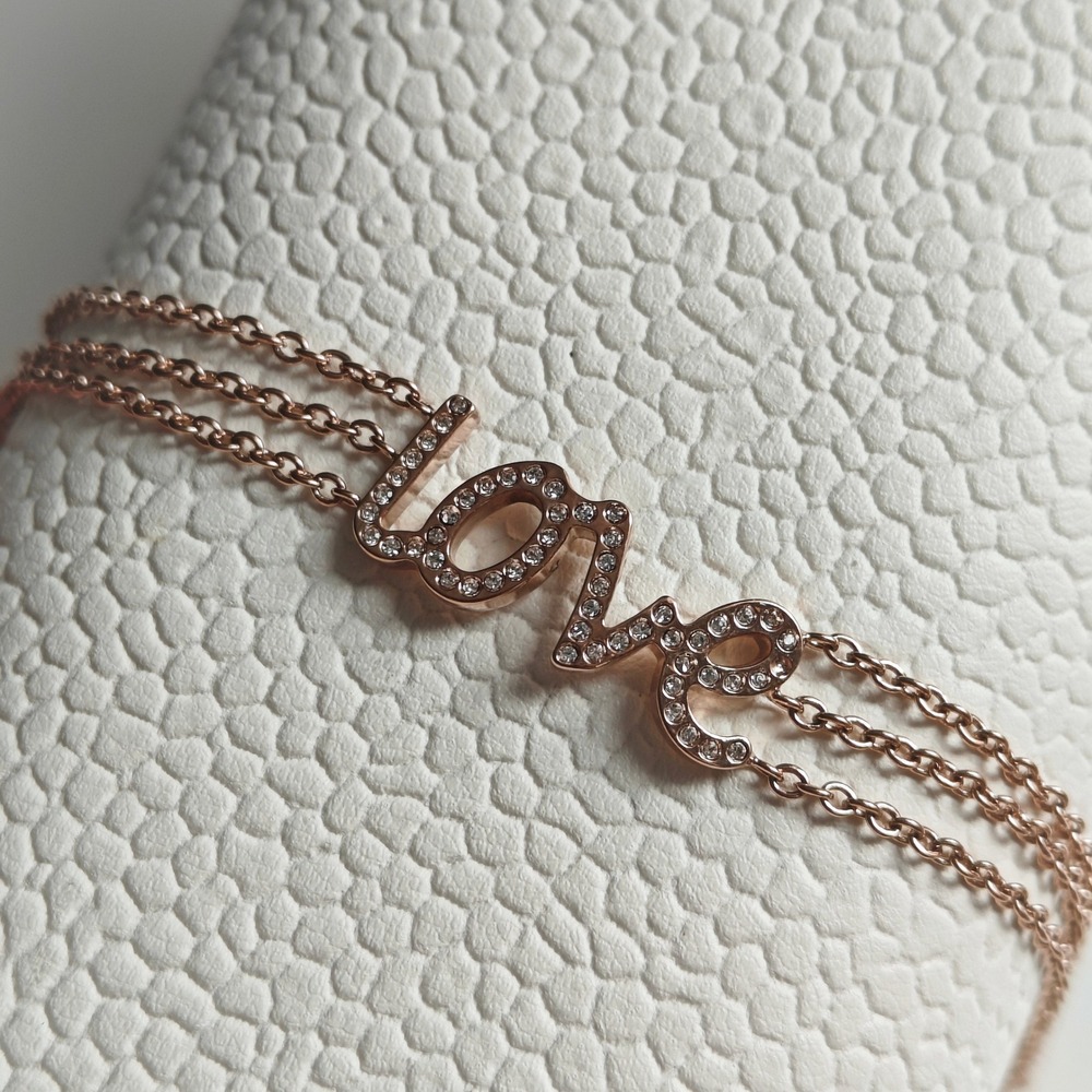 Rose Gold Tone Triple Strand Love Charm Adjustable Bracelet Minimalist Chic